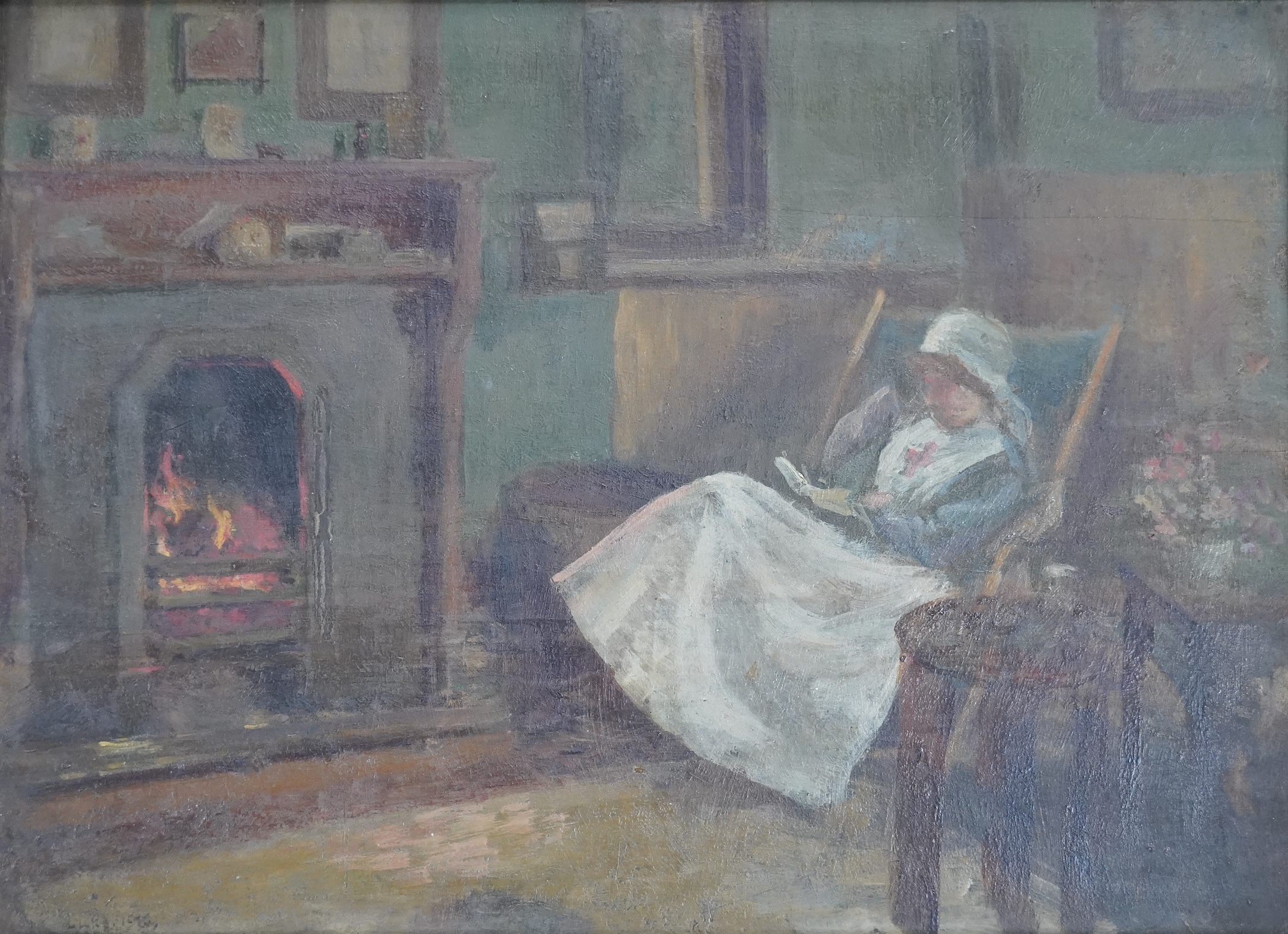 Modern British, oil on board, Nurse in an interior, inscribed ‘To Luke 1926’, 23 x 31cm, gilt framed